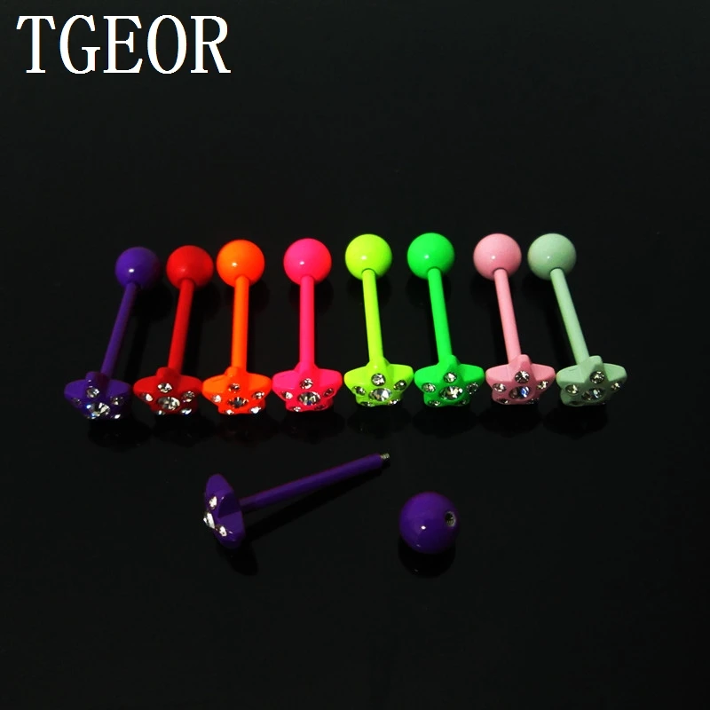 New 1 Pair 1.6*16*6/7mm star gem 6 crystals tongue barbell Stainless Steel mixed  neon colors piercing tongue ring free shipping