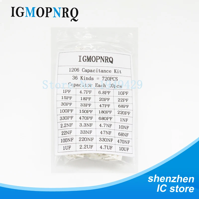 1206 SMD Capacitor assorted kit ,36values*20pcs=720pcs 1pF~10uF Samples Kit electronic diy kit