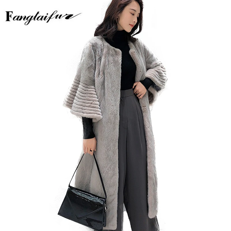 

Ftangaiur Winter Import Velvet Mink Fur Coat O-Neck Flare Sleeve Mink Coats Women X-Long Three Quarter Real Mink Fur Coats