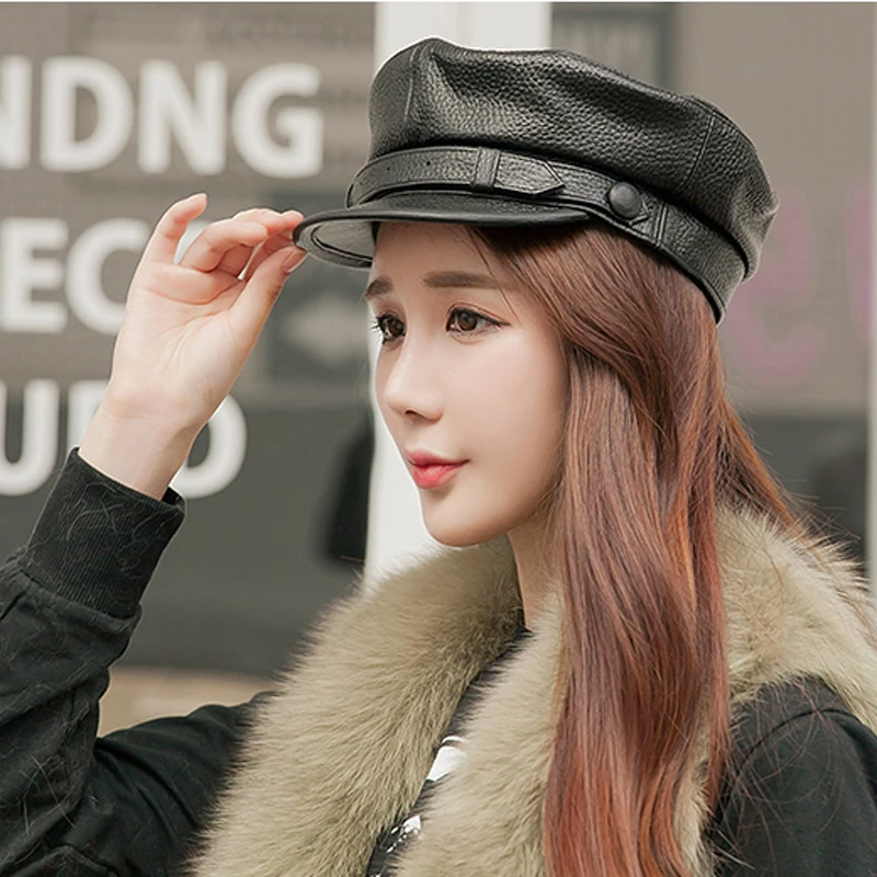 Unisex South Korean Style Genuine Leather Fitted Flat Military Hat For Man Woman Personality Locomotive Punk Black Baseball Caps