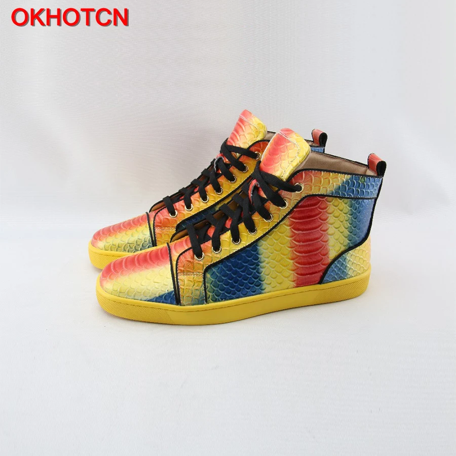 OKHOTCN New Lace Up High Top Genuine Leather Men Sneakers Fish Scale Mixed Colors Men Flats Waterproof Colorful Casual Men Shoes