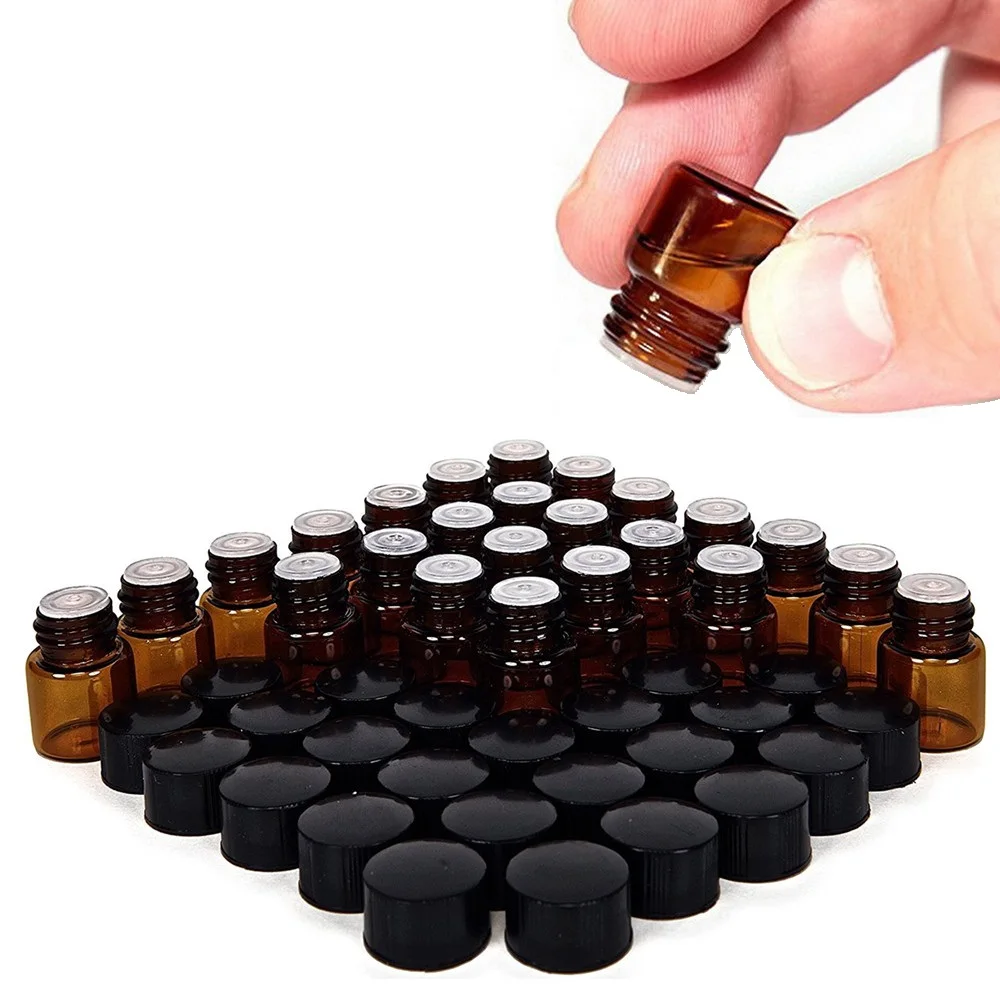 Frascos de vidrio ámbar pequeños, botellas con orificio reductor, tapa negra para Doterra, muestra de aceite esencial, Perfume, 1ml, 24 unidades