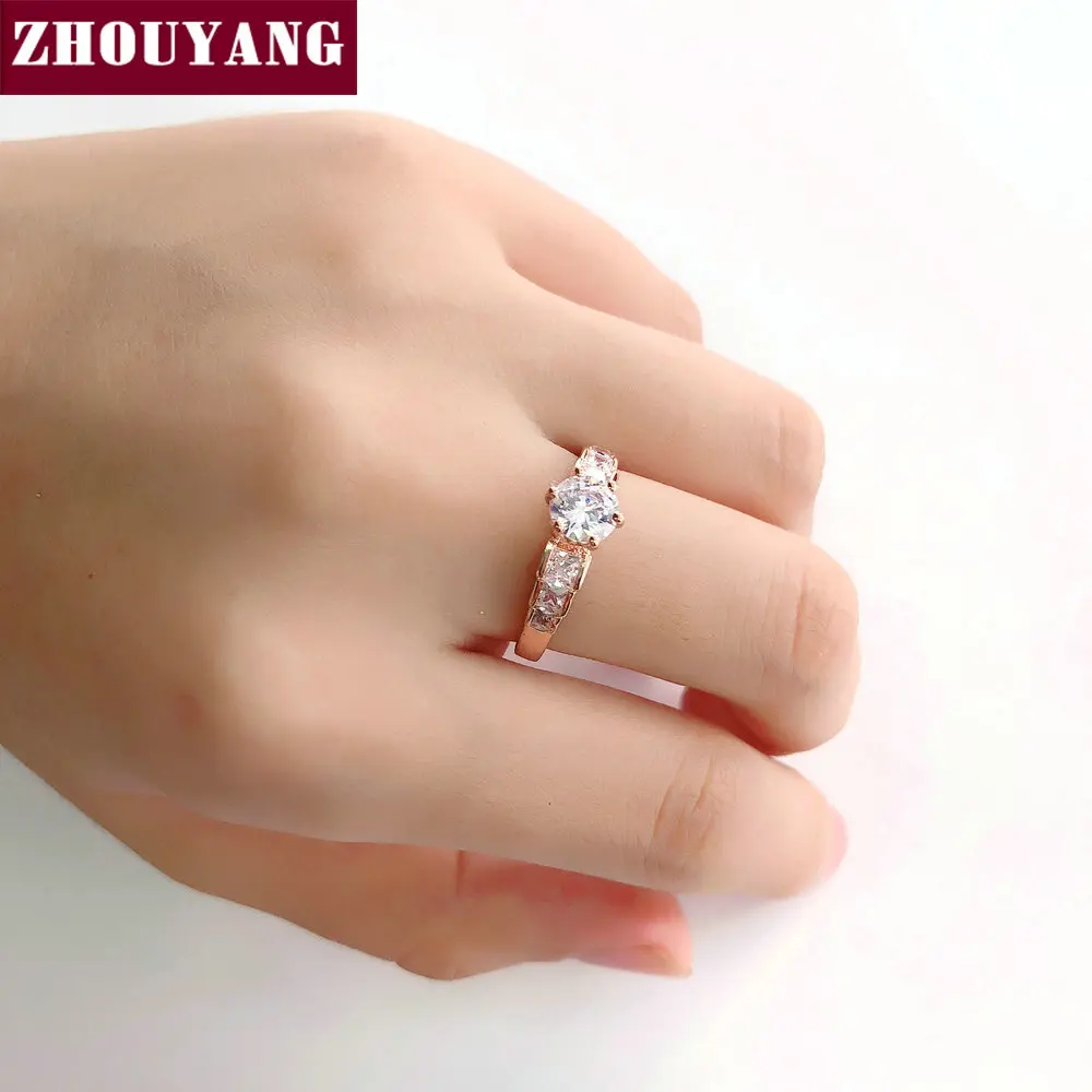 ZHOUYANG Wedding Ring For Women Rose Gold Color Six Claw Cubic Zirconia Round Cut Engagement Party Gift Fashion Jewelry R680