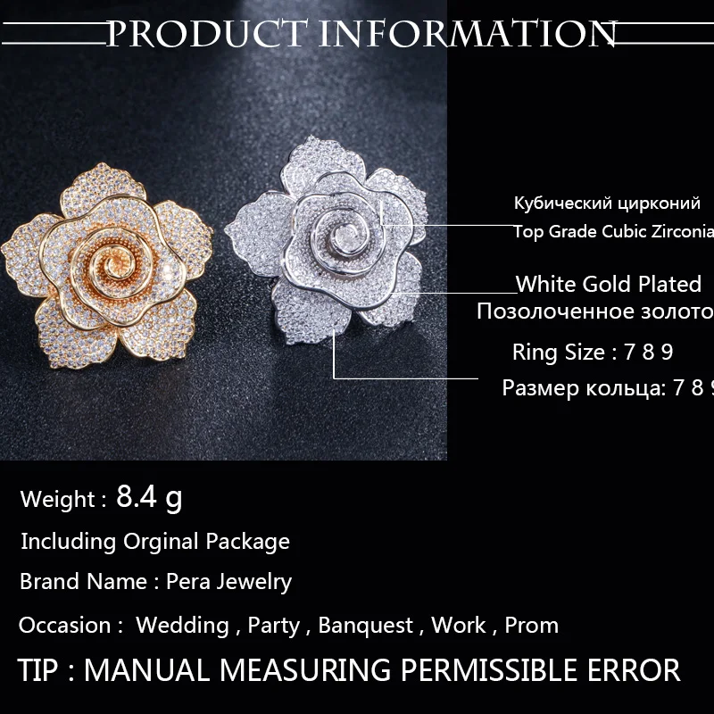 Pera New Style Famous Brand Jewelry Big Flower Shape Cubic Zirconia Yellow Gold Color Finger Rings For Women Evening Party R087