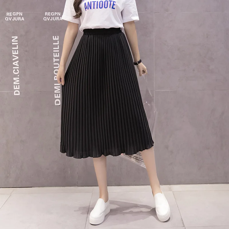 New Middle Long Chiffon Pleated Skirt Summer Pure Color Elastic High Waist Preppy Style Thin Lotus Leaf Side Skirts Womens