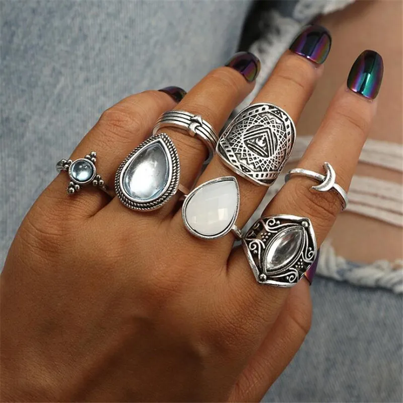 DIEZI Vintage Bohemia Ring Set light Blue Water Drop Midi Joint Rings Women Boho Jewelry Gypsy Knuckle Silver Color Ring