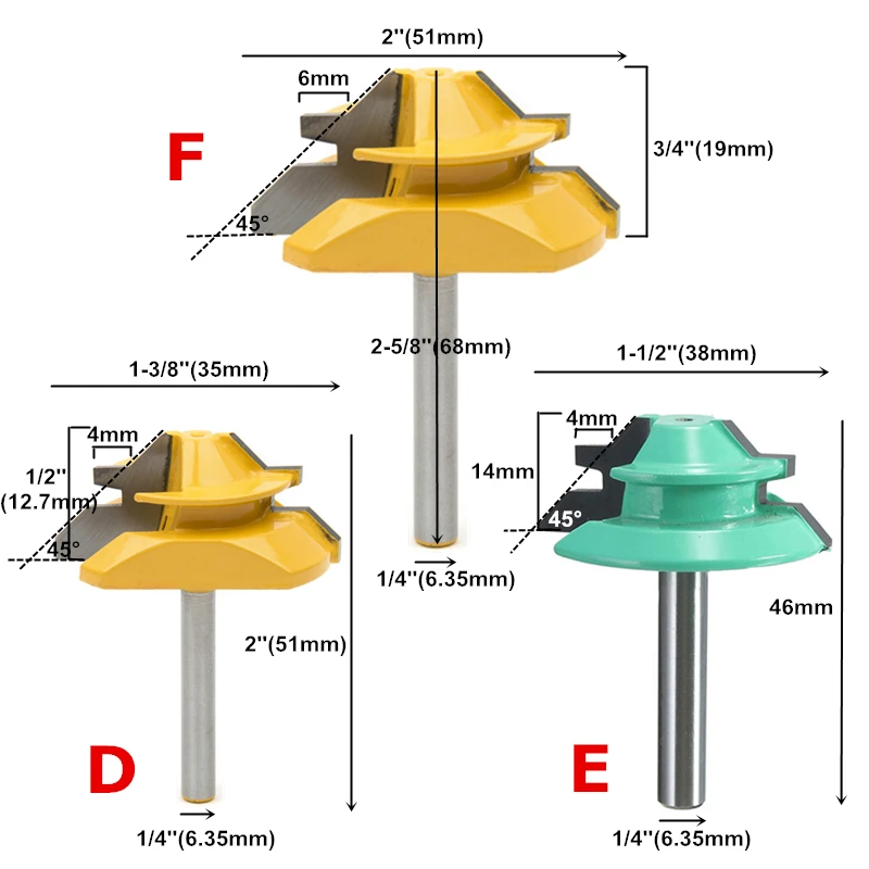 45 Degree Lock Miter Router Bit 6.35mm/8mm/12.7mm Shank Wood Tenon Milling Cutters For MDF Plywood Carpenter Woodworking Tools