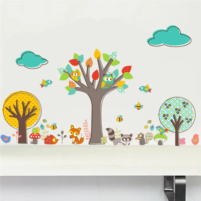 Colorful Forest Tree Jungle Animals Owls wall stickers for Kids Rooms Nursrey Children Bedroom Decor Wall Decal Mural Poster