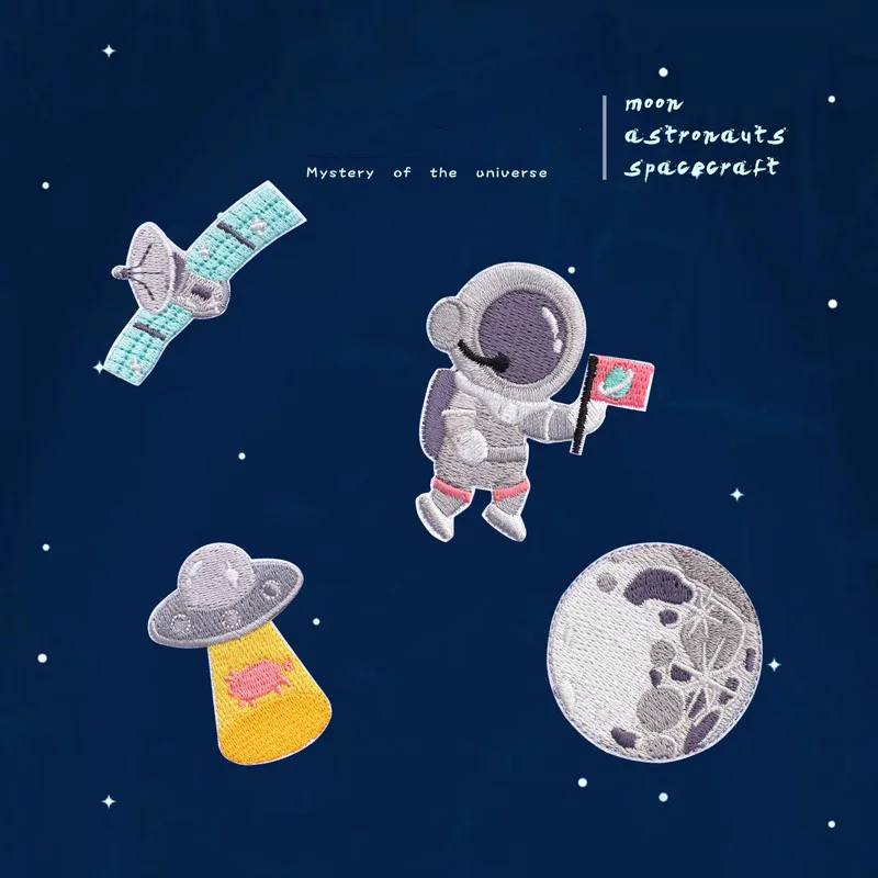 Parche pequeño y lindo de alta calidad para ropa, bordado de astronauta, OVNI, Luna, parche para planchar, Jeans, insignias adhesivas para ropa