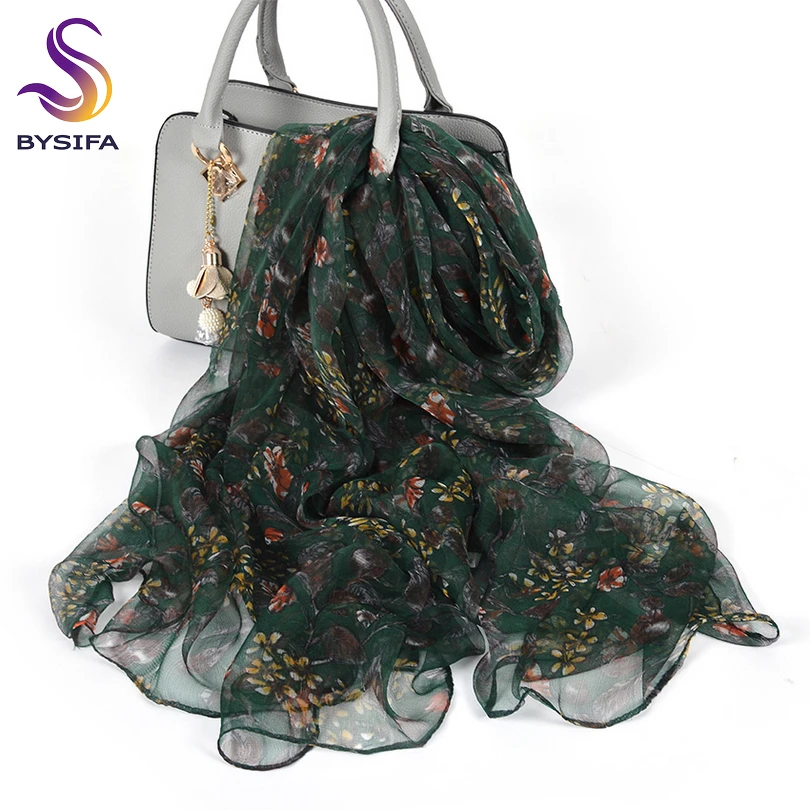 [BYSIFA]-Foulard Long Vert au Design Floral pour Femme, Châle de Marque de Luxe, Accessoire de Cou, Nouvelle Collection Automne Hiver