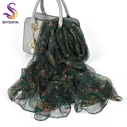 [BYSIFA] Green Silk Scarf Shawl Women Luxury Brand Fall Winter Long Scarves New Accessory Floral Design Neck Scarf Foulard Femme