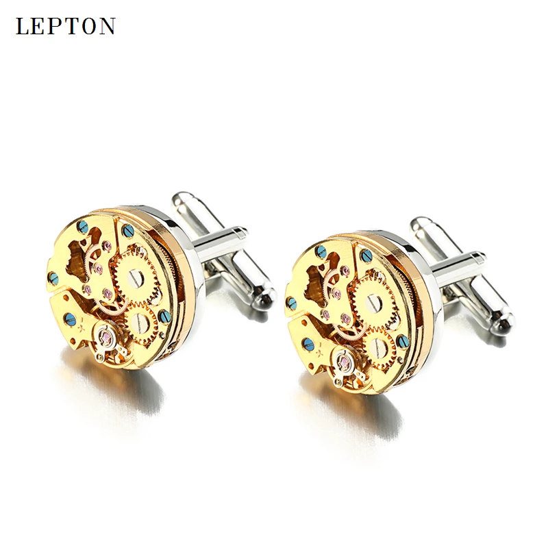 Lepton Watch Movement Cufflinks for immovable Gold Color Steampunk Gear Watch Mechanism Cuff links for Mens Relojes gemelos