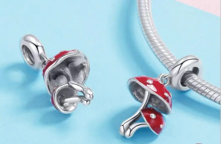 New Hot Sale 100% 925 Sterling Silver Red Sweet Mushroom Shaped Pendant Charms Necklace for Women Jewelry Gifts Making