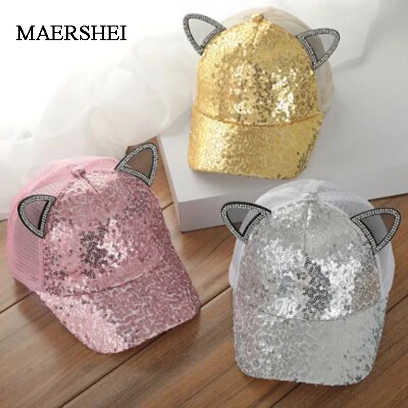 MAERSHEI חמוד בנות רשת כובע פאייטים אוזני בייסבול כובעי ילדי Snapback קיץ הילדים מתכוונן היפ הופ כובע כובע