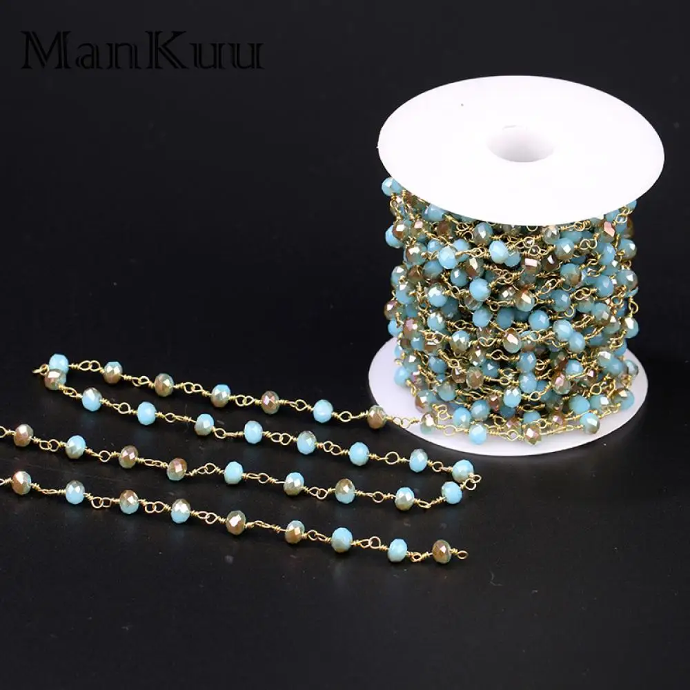 Mankuu 4*6mm Rondelle Crystal Lake Blue Faceted Bead Chains For Jewelry Making Gold Plating Brass Copper Chain 5M/Lot