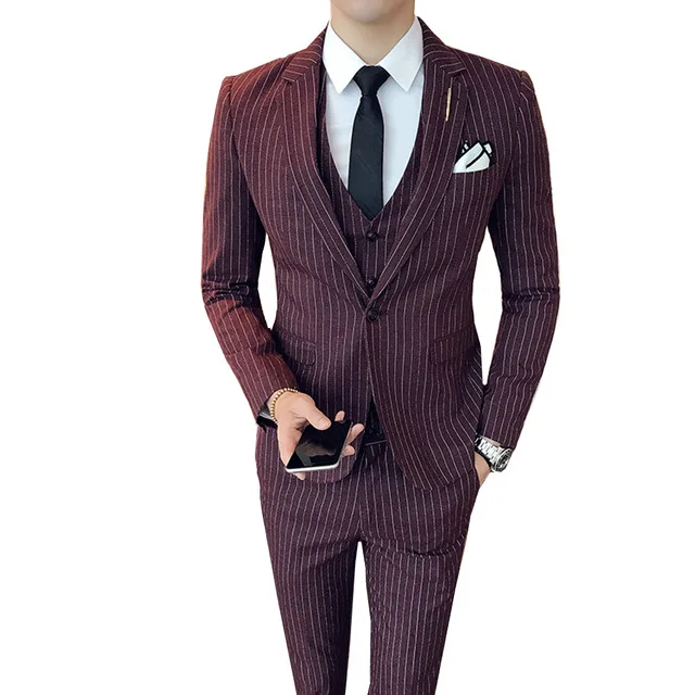 

Slim Fit Business Casual Stripe Suits 3 Pieces Male High Quality Formal Groom Wedding Men Suit Terno Masculino Jacket Vest Pant