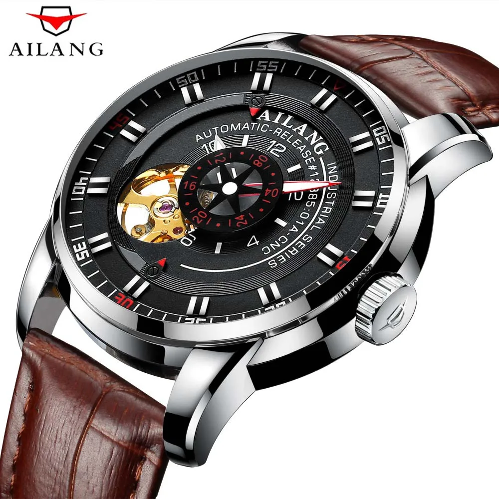 AILANG diesel watch diver man automatic mechanical pilot army gear sport Skeleton steampunk Leather strap Men\'s watch waterproof