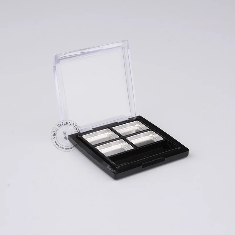 Wholesale Empty 4*2g Black Plastic Eyeshadow/Powder Blusher Dish 4 Grids Containers With Aluminium Plate/Tray