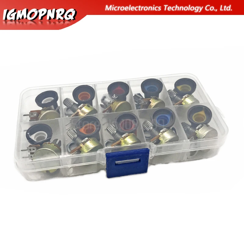 Kit de potenciómetro WH148, B1K, B2K, B5K, B10K, B20K, B50K, B100K, B250K, ohm, 3 pines, 15MM, perilla AG2, 15x17mm cada uno, 10 Uds.