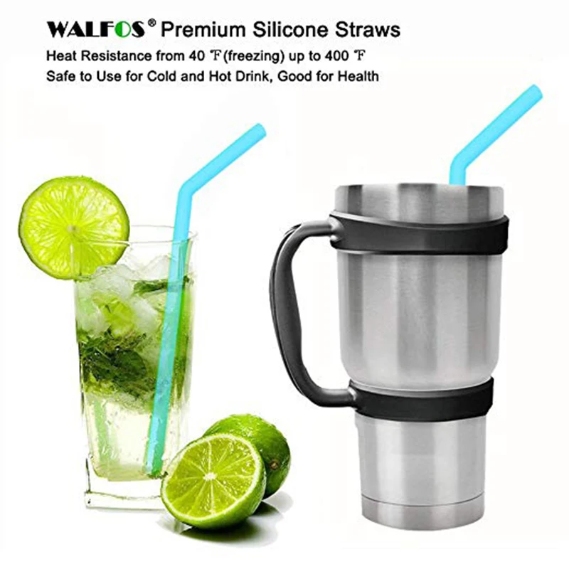 WALFOS Reusable Silicone Drink Straws For 30 & 20 OZ Tumblers Mugs - (6 Silicone + Stainless Steel Straw +2 Cleaning Brushes)