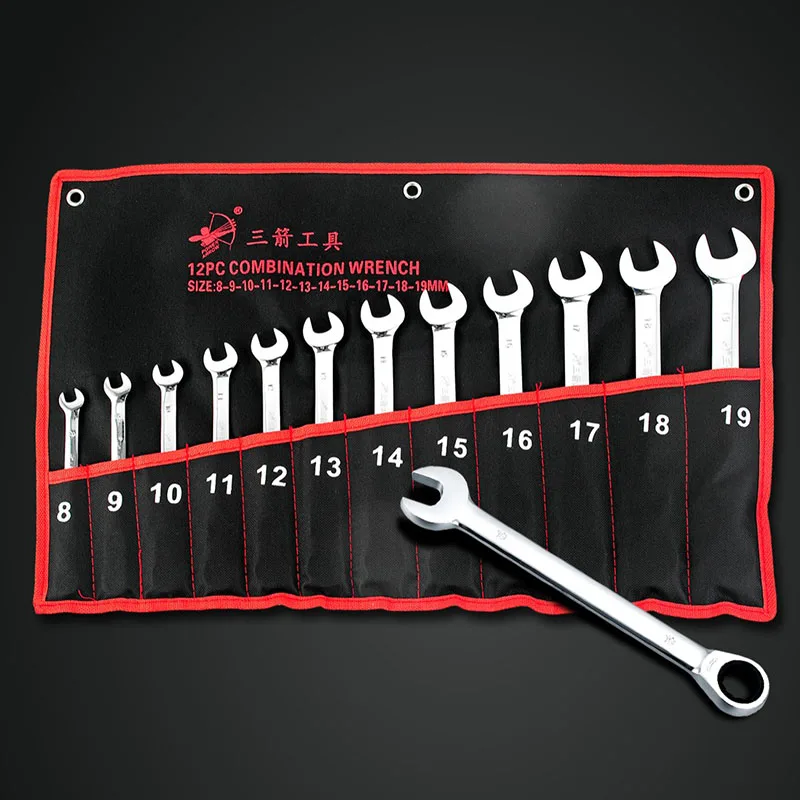 12pc 8-19mm CRV  Ratchet Wrench Geared Set of Keys Open End Combination Wrench Ratchet Set Hand Tool Spanner Kit