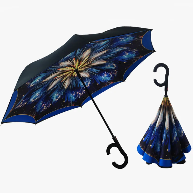 Hot C Handle Reverse Folding Umbrella Man Women Sun Rain Car Semi-automatic Umbrellas Double Layer Anti UV Self Stand Parapluie