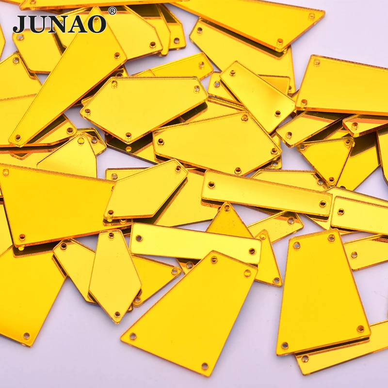 JUNAO 20pc Mix Size Sew On Gold Mirror Rhinestone Applique Flat Back Acrylic Gems Sewing Strass Crystal Stone for Dress Crafts