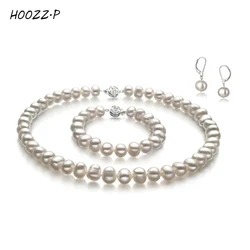 HOOZZ.P Pearl Jewelry Sets Freshwater Necklace Bracelet Earrings Set  For Women Gift 9-10mm Black White Pearl