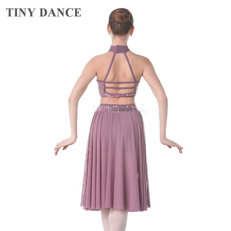 Purple Grey Sequin Lace Bodice Lyrical & Contemporary Dance Costume for Child and Adult Halter Neck Ballet Dancing Dress 18005