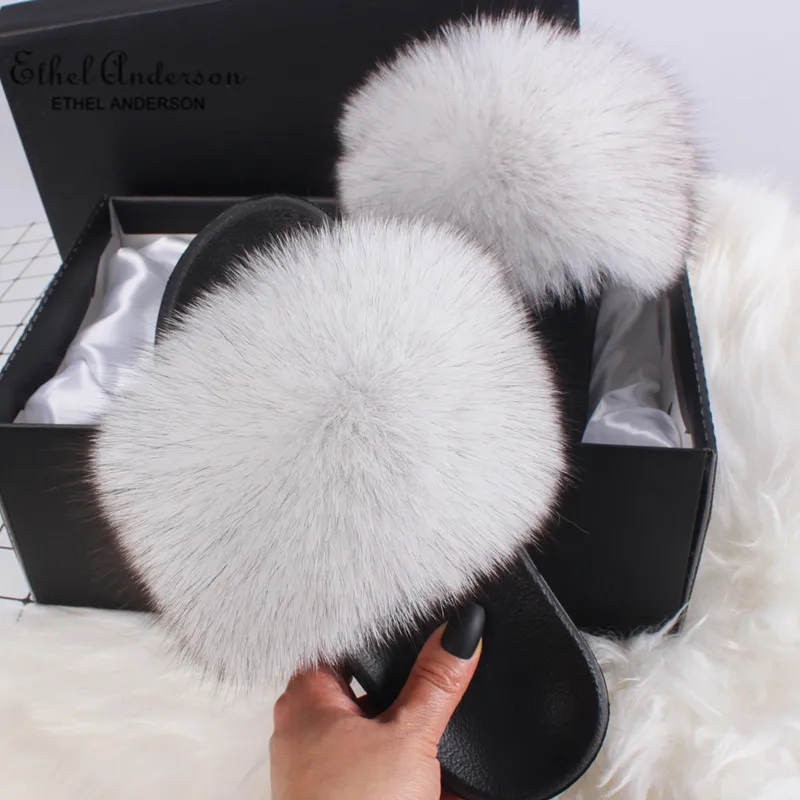 Wholesale Real Fox Fur Slippers Slides Summer Plus Flip Flops High Quality Soft Raccoon Fur Sandals Shoes