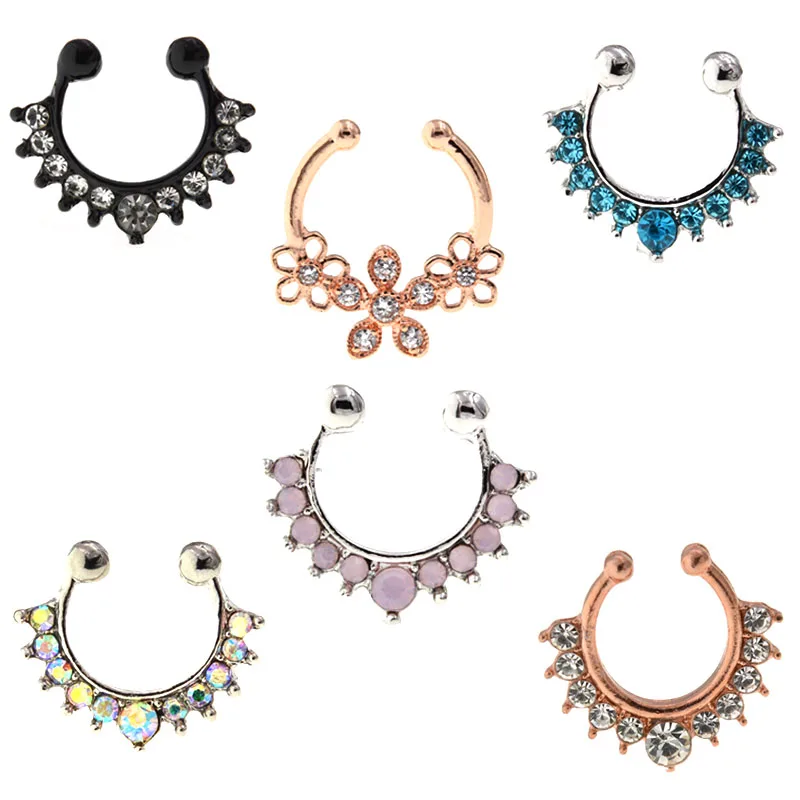 1Pc Crystal Clicker Fake Septum For Women Body Clip Hoop Vintage Muticolor Fake Nose Ring Faux Piercing Body Jewellery