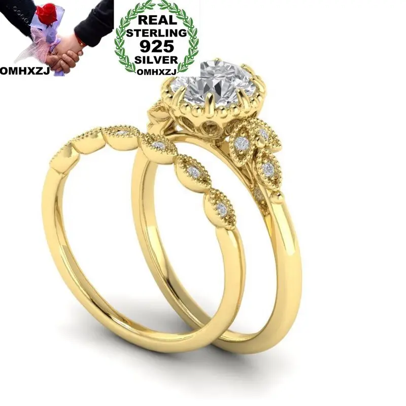 

OMHXZJ Wholesale European Fashion Woman Man Party Wedding Gift Zircon 925 Sterling Silver 18KT Yellow Rose Gold Ring Set RR405
