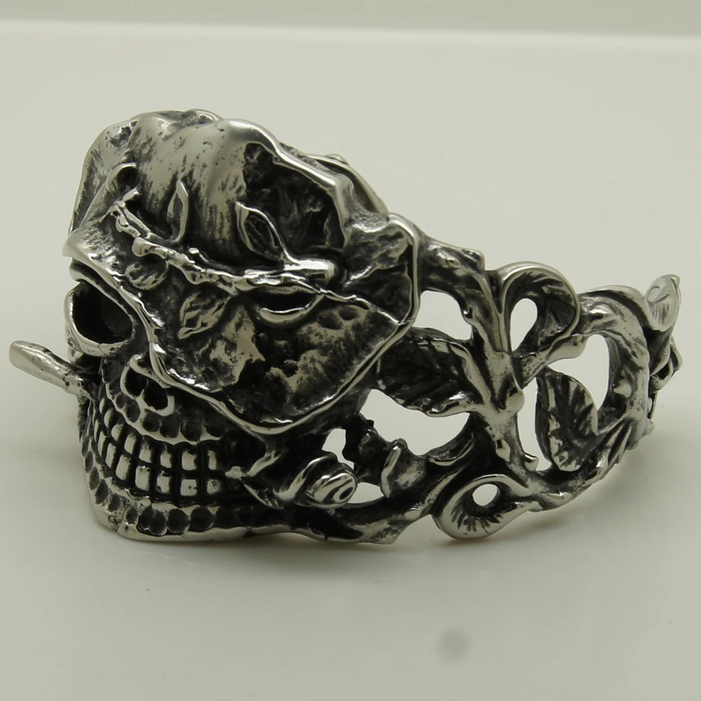 

heavy & wide skull with rose & twig 316L s. steel bangle bracelet men jewelry bracelet