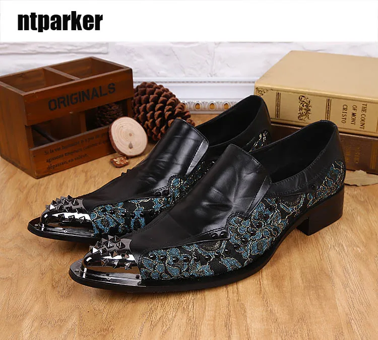 ntparker Designer's Man Shoes Genuine Leather Dress Shoes Men Pointed Rivets Toe Party and Wedding Men's Shoes, Big Size 38-46