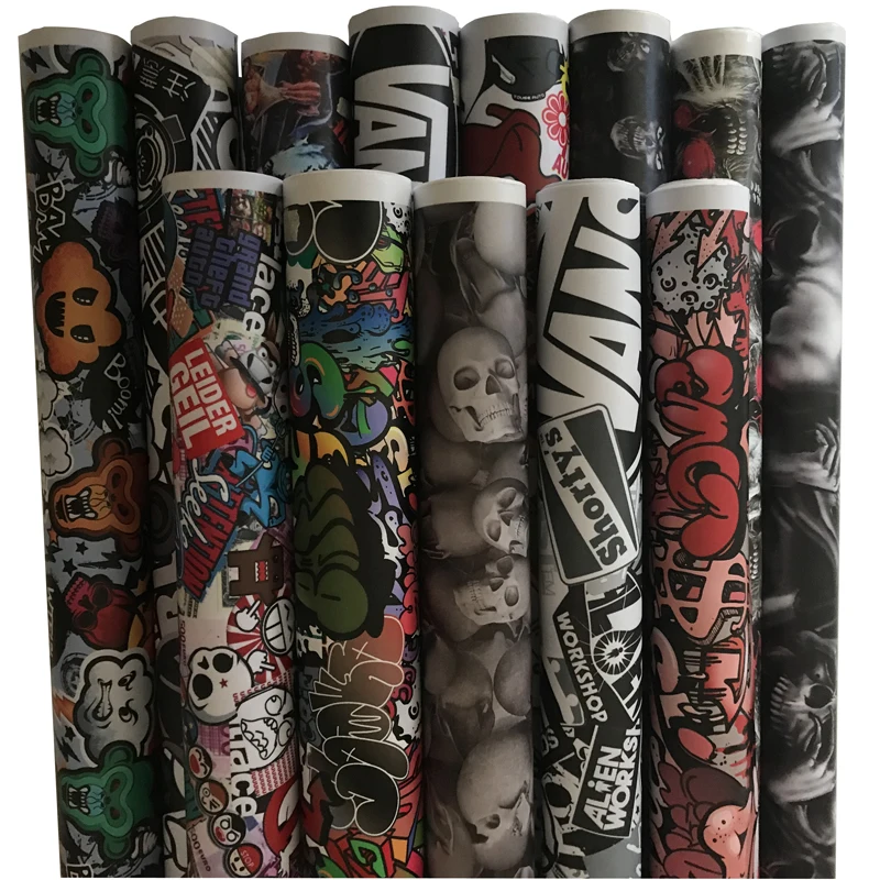 

Self Adhesive Car Sticker Bomb Wrap Foil JDM Skull Graffiti Cartoon Printed Sticker Bomb Vinyl Car Motorbike Decal