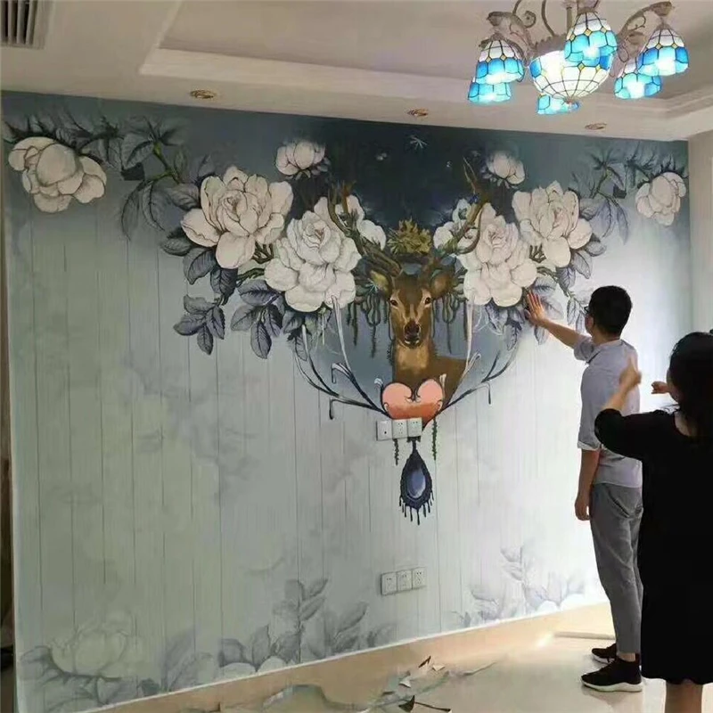 Custom wallpaper hand-painted Hand-painted giraffe and deer head flowers TV background walls living room bedroom 3d wallpaper