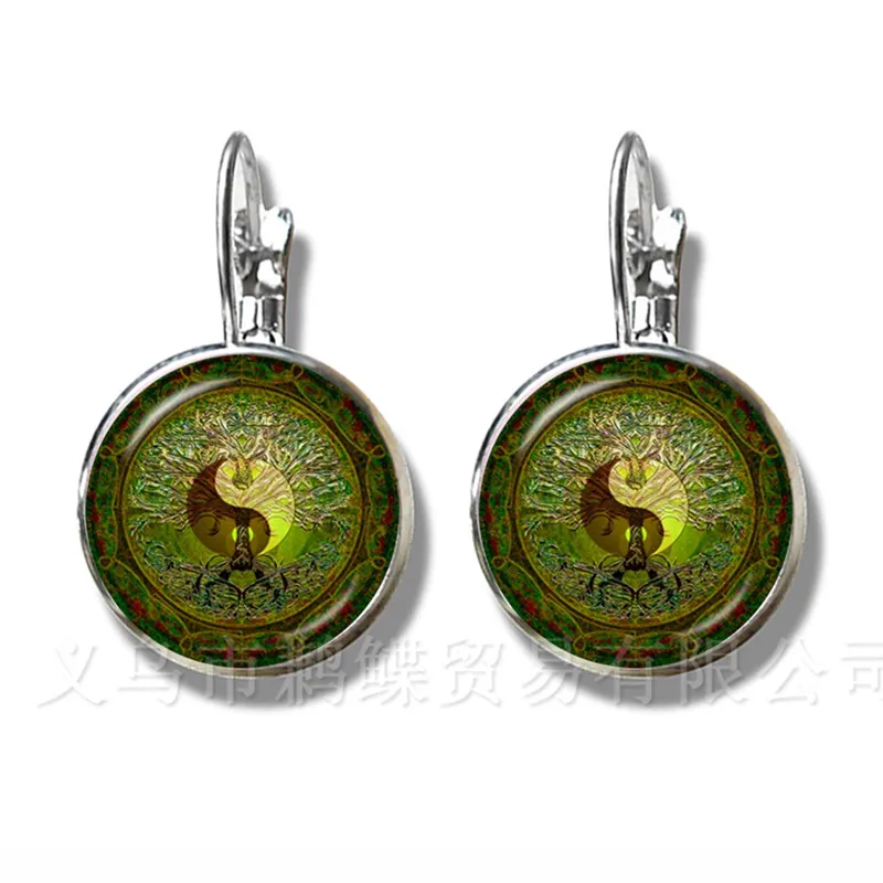 Tree Of Life Glass Cabochon Yin Yang Earrings 16mm Glass Dome Handmade Trendy Silver Plated Stud Earrings For Women Gift