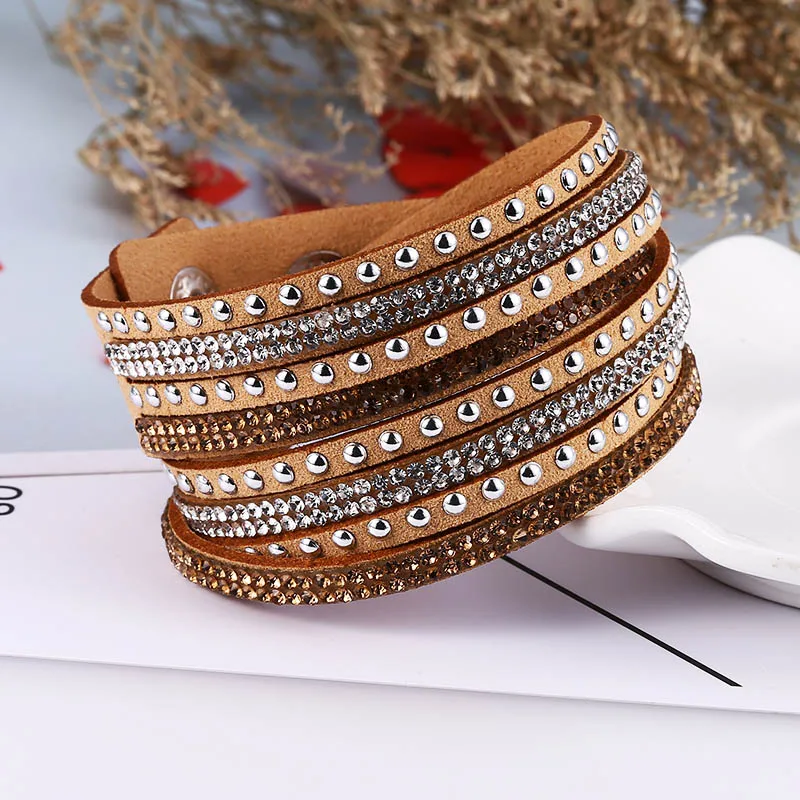 HOCOLE Trendy Charm Crystal Leather Bracelets For Women Wrap Multilayer Rhinestone Bracelet Female Fashion Jewelry Wedding Gift