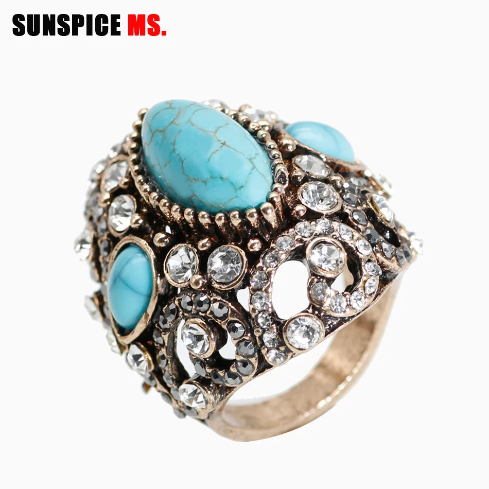 SUNSPICE ms Big Antique Rings For Women Blue Natural Stone Vintage Wedding Engagement Crystal Rings Jewelry Retro Gold Color New