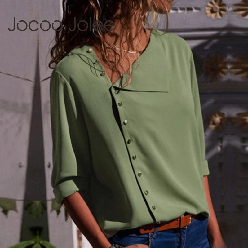 Jocoo jolee mulheres manga longa chiffon blusas e topos 2023 moda inclinação colar botão voar camisas de escritório casual blusas