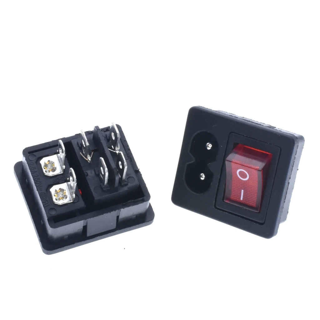 AC 2.5A 250V IEC 320 C8 Power Cord Inlet Socket receptacle With ON-OFF Red Light Rocker Switch for Computer Amplifier AC-5