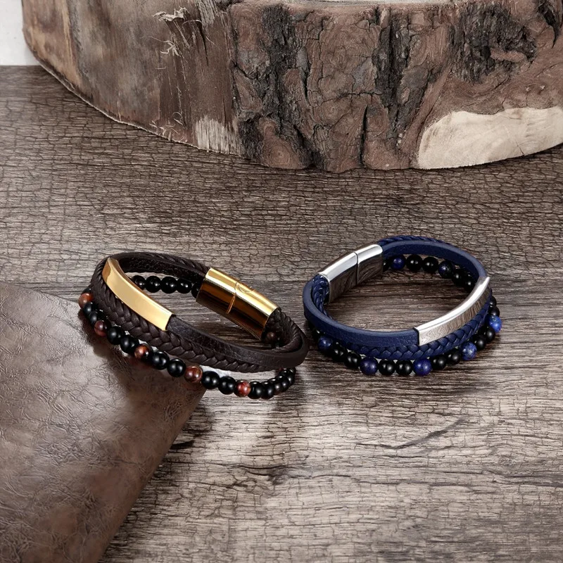 

New Styles Stone Beads With Leather Weave Handmade Bracelet Tiger's Eye Beads Stainless Steel Magnet Charm Bracelets For Women