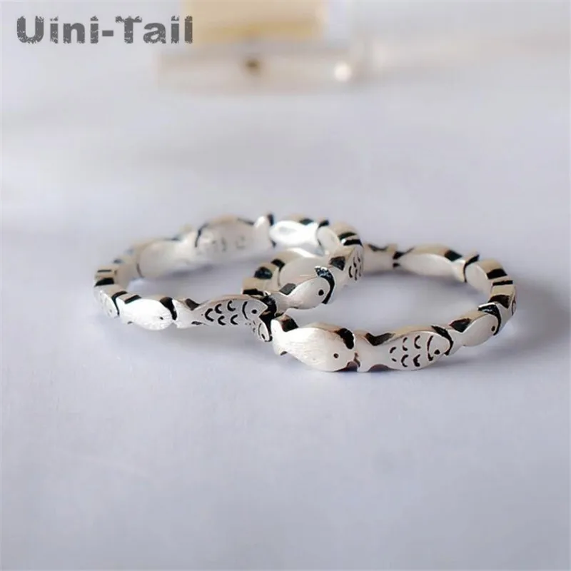 Uini-Tail hot new 925 Tibetan silver retro fashion small fish open ring fashion trend creative exquisite art high quality ring