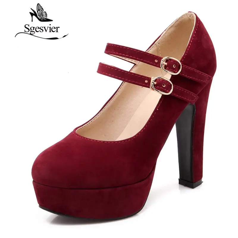 SGESVIER Women Pumps 2021 Autumn New Elegant Sweet Round Toe Square Heels Shallow Mouth 4 Color Platform Lady Shoes OX075