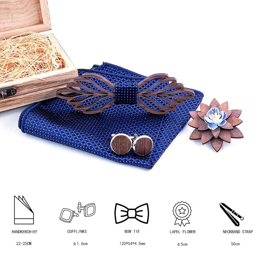 Romantic Hollow Wood Bow ties Bowtie with handkerchief Cufflinks For Men New Design Christmas gift set