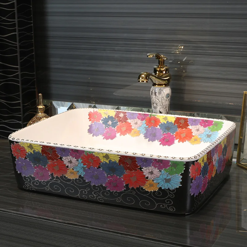 Europe style china washbasin sink Jingdezhen Art Counter Top ceramic bathroom sink ceramic sink bathroom rectangular flower