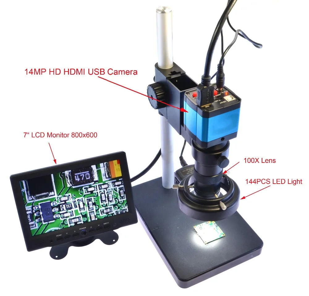 14MP Microscope Camera HDMI USB HD Industry Video Microscope 1080p 60Hz Video Output with 100X C-mount Lens for Phone PCB Repair