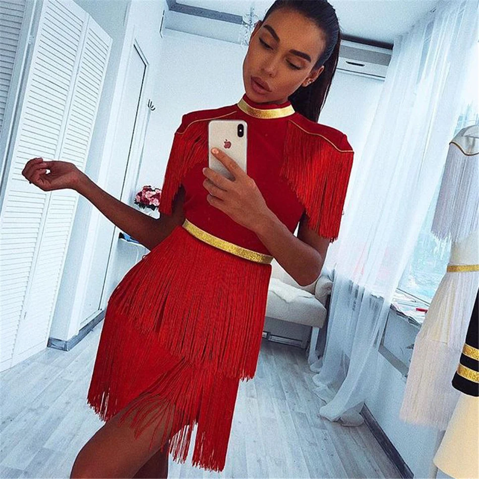 2021 letnia damska bandaż frędzel sukienka 3 kolory Mini Bodycon O Neck Party suknie wieczorowe odzież elegancka seksowna Casual