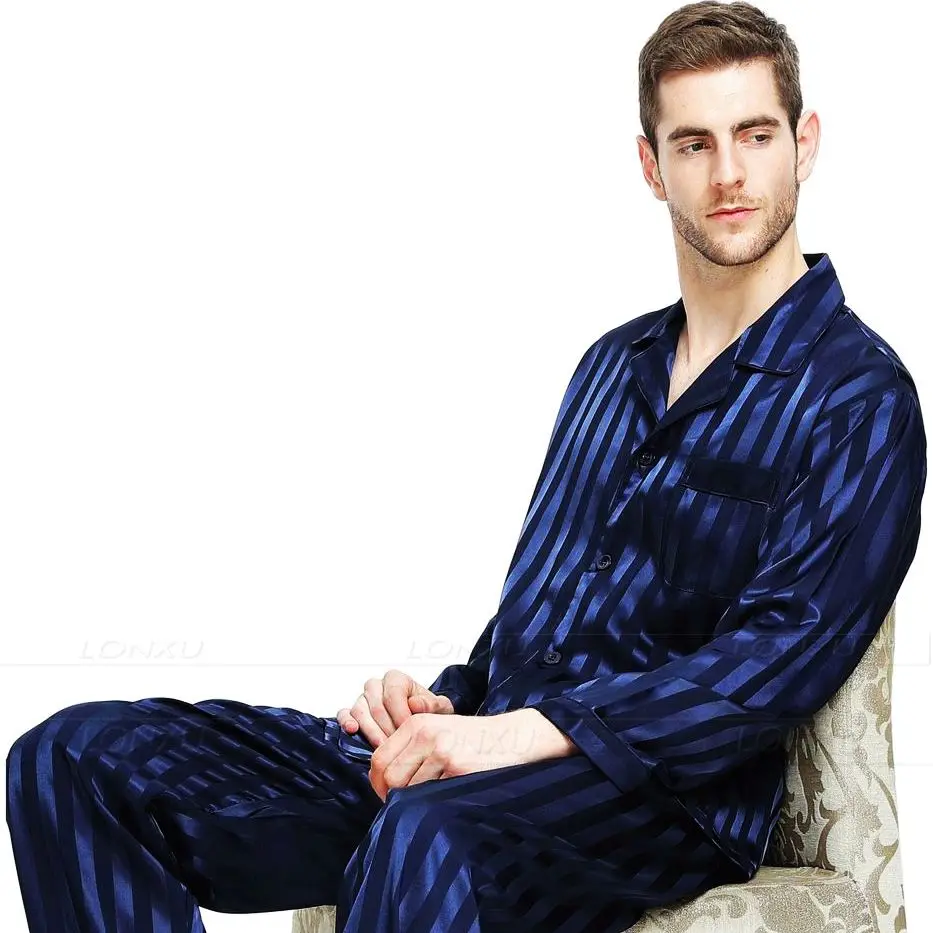 Mens Silk Satin Pyjamas Set Pyjama Pyjama Set PJS Nachtwäsche Set Loungewear U.S.S, M, L, XL, 2XL, 3XLL, 4XL Plus Gestreiften