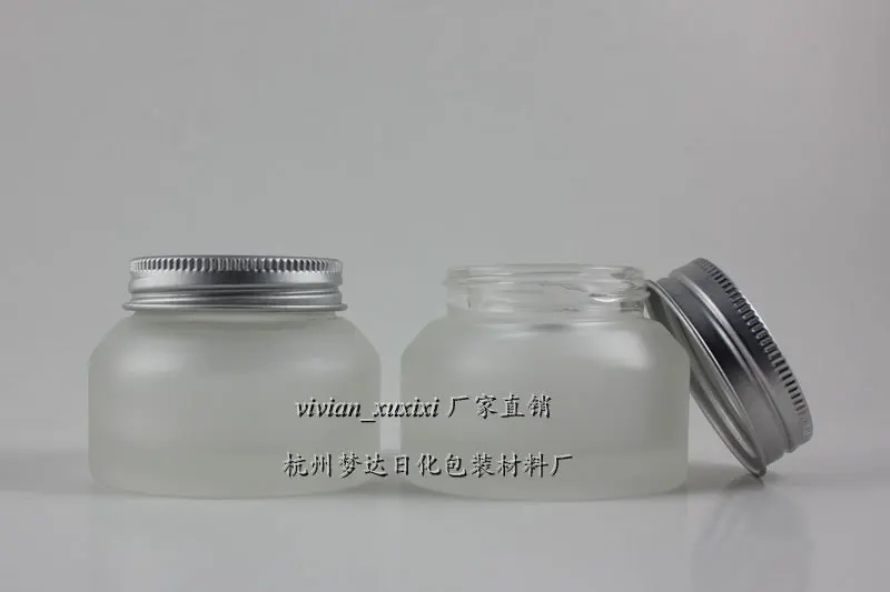 

30pcs 50g clear frosted glass cream jar with silver aluminum lid, 50g cosmetic glass container for mask or eye cream empty